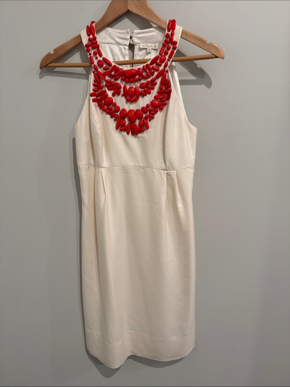 Shoshanna White Silk Dress with Red Beaded Neckline